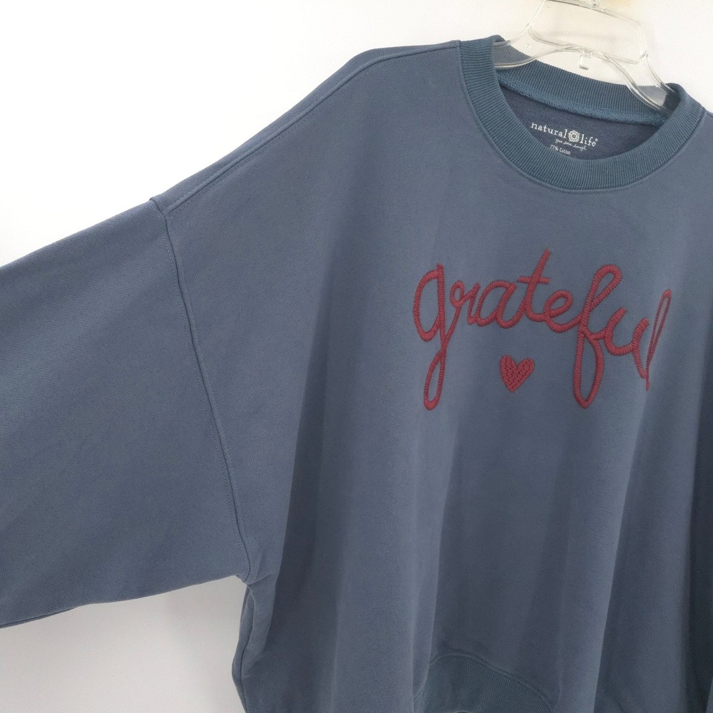 Natural Life Grateful Sweatshirt Womens XL Blue Embroidered Thanksgiving Fall - Picture 2 of 6